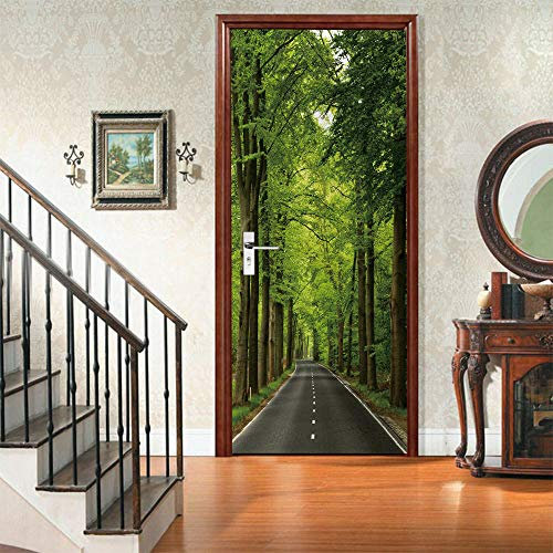 LuSeven 3D vinilos decorativos Árboles plantas camino 77x200cm(30.31 inches * 78.74 inches) Papel tapiz para puerta, póster mural, foto 3d, autoadhesivo, impermeable, pelar y pegar, película de vinilo