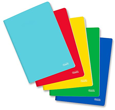 Favorit Quaderni A4, Copertina Monocolore, 5 Pezzi, Rigatura Quadretti 4mm, Carta 80g/Mq, rosso, giallo, blu, verde, turchese