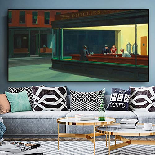 Zhaoyang Art Berühmtes Gemälde Edward Hopper Nighthawks Leinwandmalerei Poster und Drucke Große Wandkunst für Wohnzimmerdekoration 65x130cm/26x51in Schwarzer Rahmen