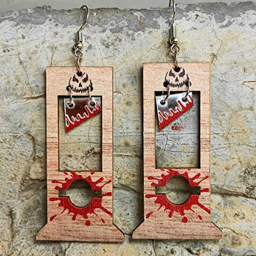 ZLING Schreckliche Schwarzbraune Guillotine Blutbefleckte Holztropfenohrringe Übertriebene Lange Quasten-Halloween-Ohrringe Dunkler Schmuck