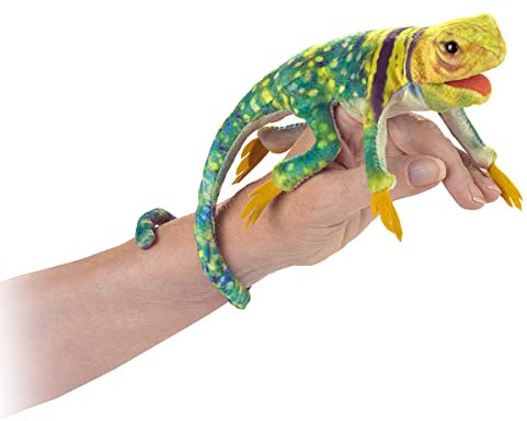 Folkmanis Mini-Fingerpuppe mit Kragen, Eidechse, Grün, Braun, Gelb, Schwarz