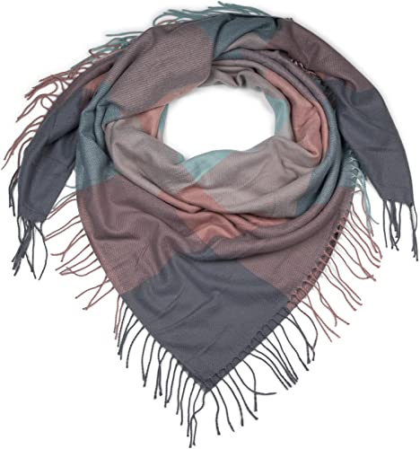styleBREAKER écharpe carrée XXL, plaid avec motif à carreaux et longues franges, hiver, étole, foulard 01017116, couleur:Rose-menthe-gris