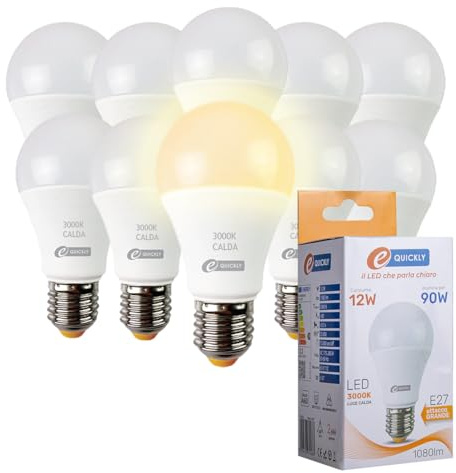E-QUICKLY Lampadine Led E27 luce calda - 12W equivalenti 90w, 1080 lumen, Lampadina luce led calda 3000k, Lampada led attacco grande, Lampadina E27, lampade A60 ad alta efficienza basso consumo, 10 PZ