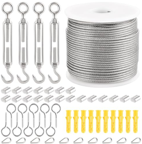 AKOLAFE 50m Drahtseil 2mm Dick 304 Edelstahl Stahlseil 2mm mit ösen Drahtseil Spanndraht Stahlseil Ummantelt PVC mit Spannschloss für Suspension, wäscheleine, gardinenseil, Kletterpflanzen