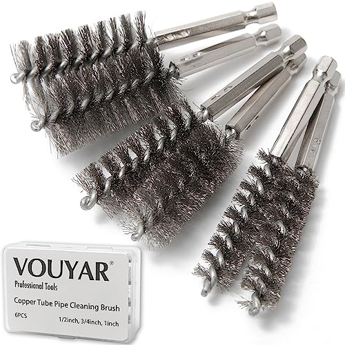 Vouyar Juego de 6 cepillos de limpieza de tubos de cobre, 1/2 pulgada, 3/4 pulgadas, 1 pulgada, cepillos de alambre de acero inoxidable para taladro eléctrico, vástago hexagonal de 1/4 pulgadas