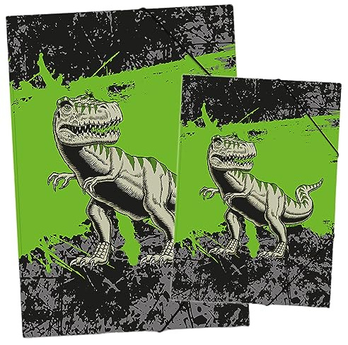 itenga Set Zeichenmappe DIN A3 und Sammelmappe DIN A4 mit Motiv - Gummizugmappe Sammelmappe - für Kinder Jugendliche Schüler Mädchen Jungen (Set A3 und A4 Motiv Fussball) (T-REX Set)