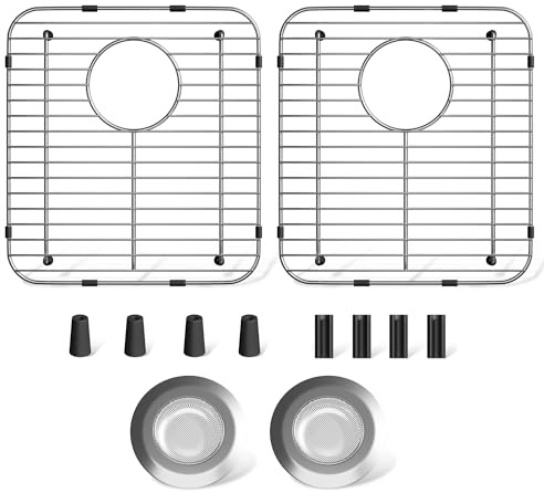 jkxoo 4Pack Sink Protectors for Kitchen Sink 13.1’’x11.6’’x1’’, 304 Stainless Steel for Kitchen Sink Grate With Rear Drain, Sink Grate Sink Rack for Bottom of Sink with 2Pack Sink Strainers