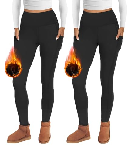 FOTOCITI Thermo Leggings Damen Winter Mit Tasche Thermoleggins Gefütterte Fleece Warme Thermounterwäsche High Waist Lange Sportleggins Yogahose Hose(Schwarz*2,S-M)