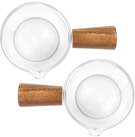 Kopinma 2 Stück Glas-Milchbecher mit Holzgriff, Mini Saucenschale, Klein Espressotassen für Kaffee, Tee, Ahornsirup, Honigsauce, Servieren - 50ML