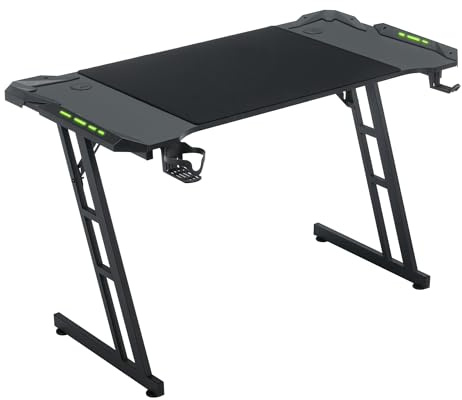 VA-Cerulean Gaming Tisch Schreibtisch 120x60cm Computertisch mit Kopfhörerhaken und Getränkehalter, Stabiles Z-Gestell Zocker Tisch zum Home Office(Typ B, mit LED)