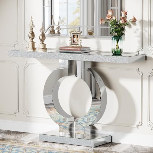 Tribesigns 43” Modern Entryway Table with O-Shaped Base, Narrow Rectangle Mirrored Sofa Console Table for Living Room, Hallway, Entrance (Silver)