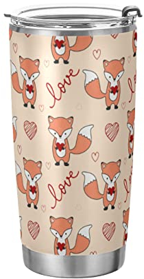 Anticsao Valentinstags-Becher mit Deckel und Strohhalm, niedlicher Fuchs-Liebesherz, isolierter Edelstahlbecher, doppelwandiger Reise-Kaffeebecher, Thermo-Vakuumbecher, 590 ml