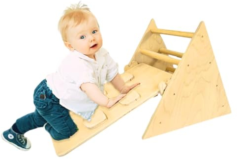 SWEETME Triangolo Montessoriano Mini per Bambini con Scivolo e Arrampicata, Richiudibile in Legno Naturale, Giochi Educativi per Bambini 1-3 Anni