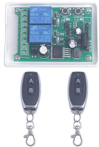Interruptor de relé remoto inalámbrico, 10A 12V-48V 24V 36V Interruptor de control remoto multifunción de 2 canales, 433Mhz para abridor de teclado de puerta de garaje (2X Control remoto) | Interruptor de relé 12 V 24 V 10 A para puerta de garaje, portal, iluminación y motor, con transceptor multifunción