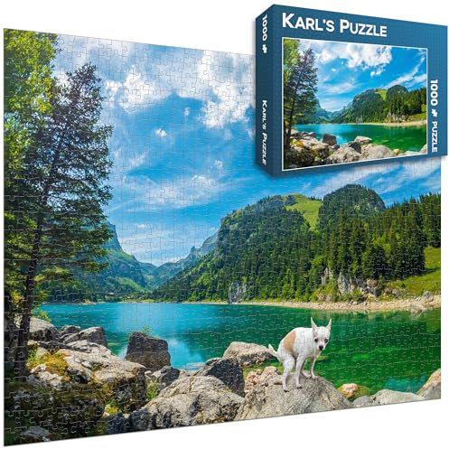 Puzzle da scherzo, regalo con lago di montagna Svizzera, puzzle da 1000 pezzi, con motivo in cartone falso come idea regalo, articolo scherzo o regalo scherzoso