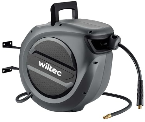 Wiltec Air Hose Reel 20 m, Hose Reel with Housing Made of Robust PP Material, Comes with Tool-Free Locking Mechanism, Includes 180° Swivelling Bracket and Mounting Screws for Easy Installation