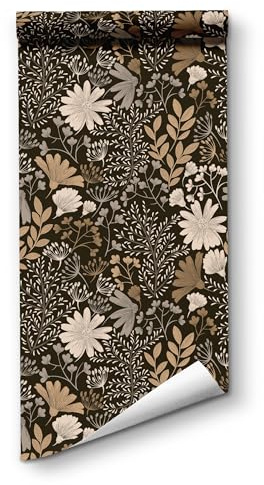 Vintage Contact Paper Boho Wallpaper Leaf Peel and Stick Brown&Black White Floral Wallpaper 17.7in x 118.1in Waterproof Self Adhesive Botanical Wall Paper for Bedroom Cabinet Decor