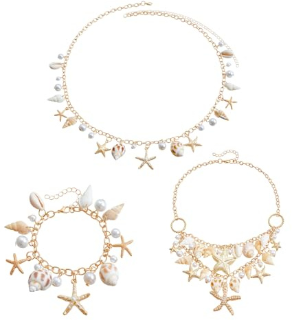 FDGGT - Bijoux de Plage pour Fille - Collier, Bracelet, Chaîne de Taille - Bohème - Métal - Coquillage - Blanc - Irrégulier