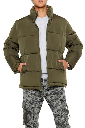Forever 21 Men's Quilted Funnel-Neck Puffer Jacket, Olive, S
