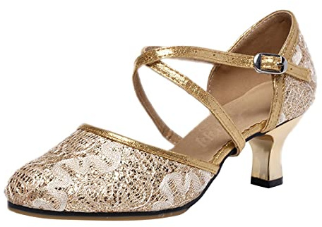 Lateinamerikanische Tanzschuhe für Damen, geschlossen, Gold, elegant, verstellbar, bequeme Sandalen mit Strass, Tango-Schuhe, modern, Pole Dance, Silber, für Karneval, Mottoparty, gold, 39 EU