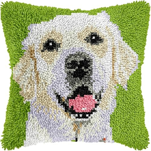 Labrador Dog Latch Hook Kits Pillow for Adults Throw Pillow Pre-Printed Patterns Pillowcase Needlework Crochet Yarns Latch Hooking Cushion for Home Decor 17x17inch(s6)