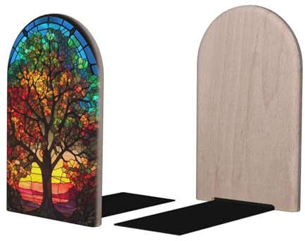 Mexpekil Glasfenster-Baum-Buchstützen aus Holz für Regale, robuster Buchhalter, Organizer, rutschfester Buchstopper für Schreibtisch, Büro, Bibliothek für Leser, 1 Paar