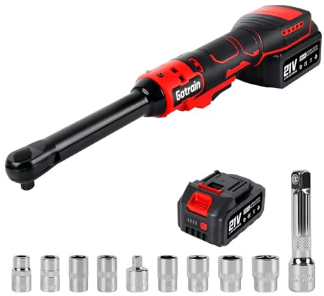 Gotrain Kit de llaves de carraca inalámbricas 21 V 3/8 80 N·m trinquete eléctrico de velocidad variable, batería y cargador de 2,0 Ah, 8 enchufes, adaptador de 1/4, barra de extensión de 3