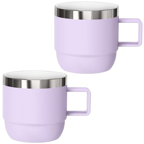 Cafezi 6 oz Espresso/Coffee Mug with Handle, Ceramic-Lined 18/8 Stainless Steel, Double-Wall Vacuum Insulated, Stackable, Dishwasher Safe, Fits Most Espresso Machines (Lilac, 2 Pack)