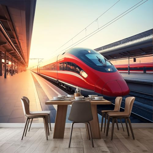 Fototapete 3D Effekt Modernes Transportmittel Zug Bahnsteig Vliestapete Wohnzimmer Schlafzimmer Vlies Tapete Wandtapete UV-Beständig 400 x 280 cm Fototapete Study Zimmer Restaurant Deko, Rot Grau