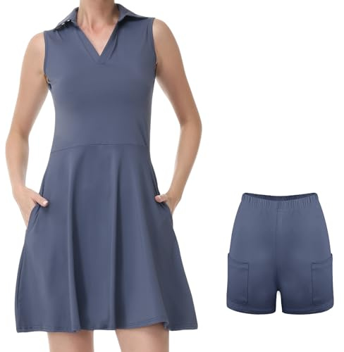 Bezioner Vestito Tennis Donna Vestito Polo con Pantaloncini Vita Alta Abiti da Golf con Tasche Senza Maniche Abito Sportivo Blu XL