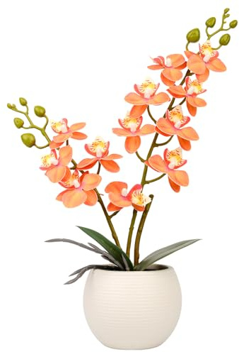 Joyerace Artificial Orchid Orange Flower Potted in White Pot, Real Touch Faux Phalaenopsis Orchid for Wedding Home Office Party Decor