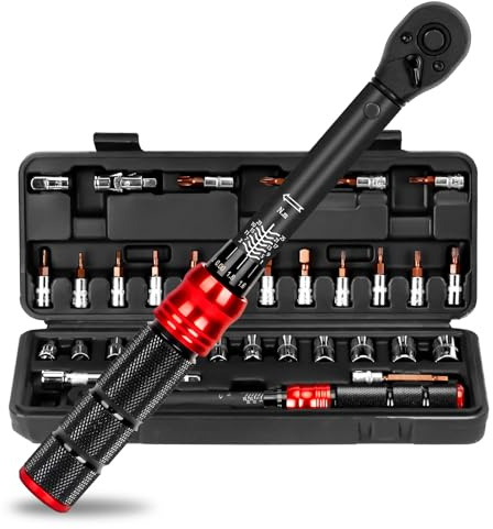 Drehmomentschlüssel Fahrrad, 1-25Nm Drehmomentschlüssel 1/4, 33 Set Torque Wrench mit 28 Bits Verlängerungsstangen Adaptern H5-Steckschlüsseleinsätzen, Genauigkeit ±3 %, für Fahrräder, Motorräde