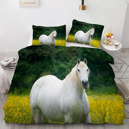 BSYYZQC Parure de Lit 90x190 Cheval Blanc Housse de Couette Colza Housse de Couette 1 Personne Microfibre avec Fermeture Éclair et 2 Taies d'oreiller 65x65 cm