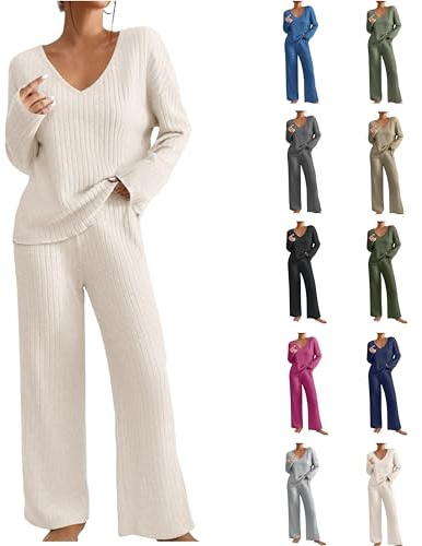 Lounge Set Damen Gerippt Schlafanzug Elegant Zweiteiler Langarm V-Ausschnitt Oberteile mit Hose Lang Pyjama Winter Loungewear Warm Hausanzug Baumwolle Kuschelig Jogginganzug Schlafanzüge Für Damen