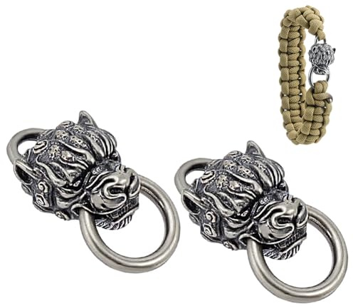 nbeads - Lote de 2 perlas de latón para paracorde, cierres de grillete de latón con cabeza de león, hebillas de pulsera con perlas espaciadoras para cuerda trenzada EDC Paracord 3,8 x 1,8 cm