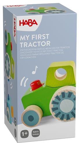 HABA Entdeckerfahrzeug Traktor – mit Quietsch-Effekt, abnehmbarem Hänger, fördert Feinmotorik & Auge-Hand-Koordination, ab 12 Monaten, Spielzeug Holz – 2013391001