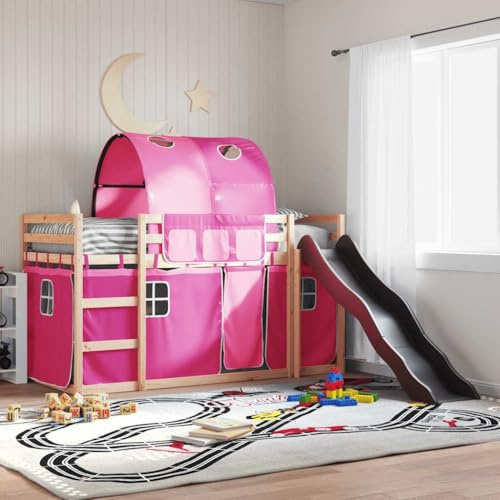 Zeehear Pink Solid Pine Wood Bunk Bed, 90x190 cm Single Size, with Fun Slide, Safety Guardrails, and Play Curtains for Kids Bedroom, No Mattress Included