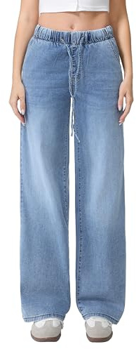 vittorio y Jeans Donna Vita Elasticizzata con Coulisse Gamba Larga Denim Lavaggio Chiaro Casual Morbidi Tempo Libero (IT, Testo, L, Regular, Regular, Blu)