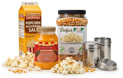 Concession Essentials Popcorn Kit – 4lb Yellow Popcorn Kernels, 32oz Coconut Popcorn Oil, 35oz Popcorn Seasoning Salt & Stainless Steel Shaker – Movie Theater Style Popcorn Kit