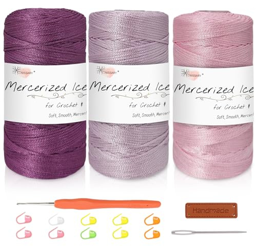 Nissary 1.5mm Macrame Cord Kit, 3 Colour Polyester Ice Silk Crochet Yarn with Crochet Hook, Stitch Markers, Leather Label and Tweezers for Summer Hats, Bags, Seat Cushions and DIY Crafts