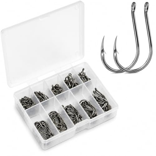 EUROKAN TACKLE 100 Pcs Barbed Fishing Hooks, 10 Sizes Fish Hooks 3# - 12#, Eyed Fishing Hooks, Circle Hooks for Fishing in High Carbon Steel with Plastic Box - UK POST