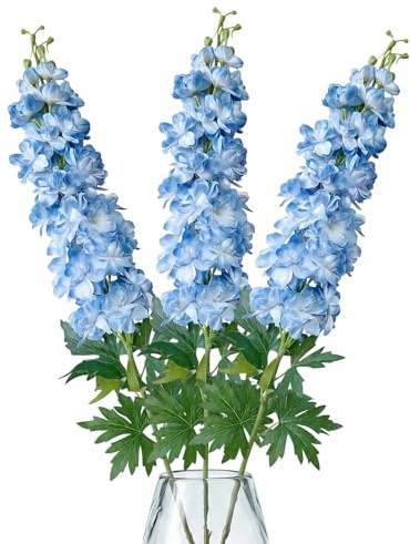 43 Tall Artificial Delphinium Flowers, Extra Full &Fluffy Blooms,3pcs Blue | Realistic Larkspur Sprays for Floor Vase, Wedding Arch– Faux Long Stem Floral for Home Living Room Modern Decor