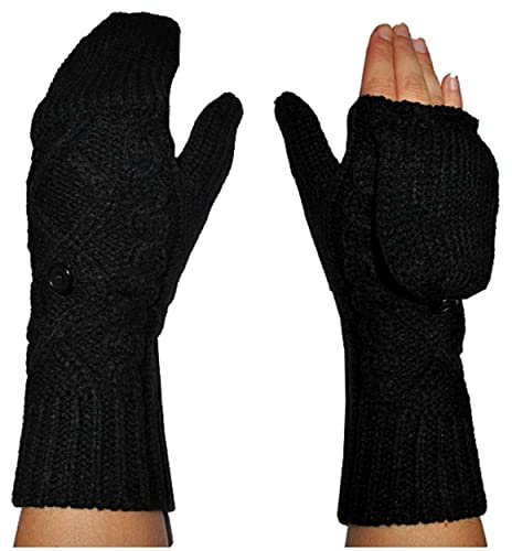 alles-meine.de GmbH Fingerlose Handschuhe Strick - umwandelbar zu Fausthandschuhen - mit Klappe - SCHWARZ Strickhandschuh Strick gestrickt Uni einfarbig weich fingerfrei Strick