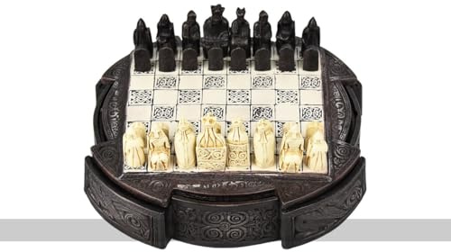 Isle Of Lewis Compact Chess Set - 9 inches, brown cabinet