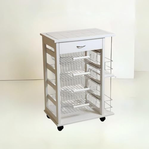 Carrello Cucina Vesuvio Legno Massello 15 Mattonelle e Portabottiglie nATURALE (LACCATO BIANCO)