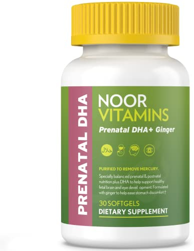 Noor Vitamins Halal Prenatal Vitamins with DHA and Folic Acid, Essential Vitamins, Ginger to Soothe Mom's Stomach, Iron, Softgels, Prenatal Vitamin Before/During/Post Pregnancy (1 Month Supply)