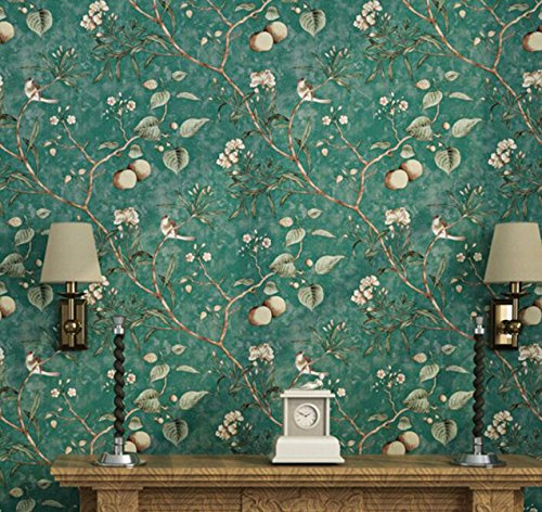 CCFENG PVC-Tapete Vintage Alten Vogel Tapete Muster Schlafzimmer Wohnzimmer Hintergrund Vliestapete Pastoralen Tapeten High-End-Aufkleber,DarkGreen