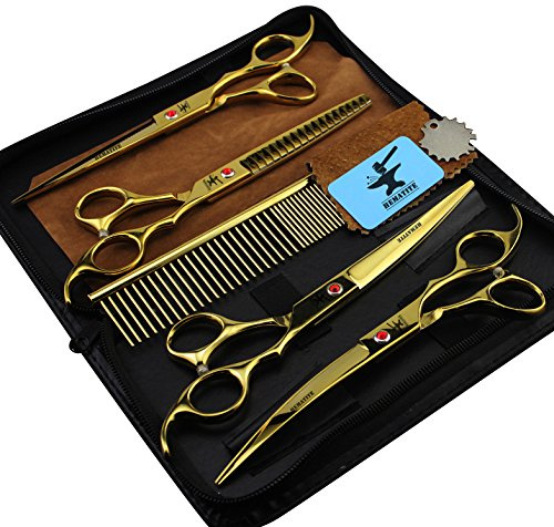 Hämatit Fellschere Kit, 7 Zoll Edelstahl gebogen Schere gebogen Effilierschere und Stahl Fellpflege Kamm Set mit Reinigungstuch