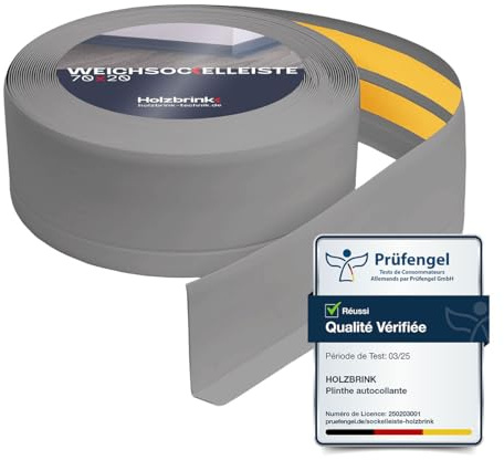 HOLZBRINK Battiscopa adesivo in PVC 70x20mm, 20 m | Profilo angolare PVC para angoli muro | Bordo adesivo per pareti | Colore: grigio