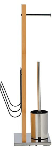 WENKO Ensemble WC sur pied Portofino avec porte-journaux, dérouleur de papier hygiénique et porte-brosse WC, en bambou véritable et acier inox, 24,5 x 68 x 22,5 cm, marron